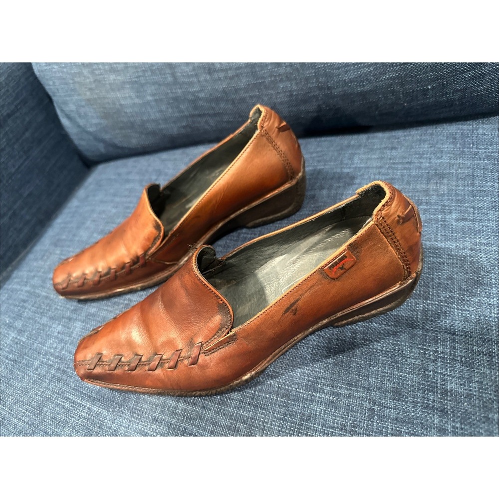 Pikolinos  Brown Leather Pointed Toe Wide Stitch Low Heel Loafer EU 36 Slip